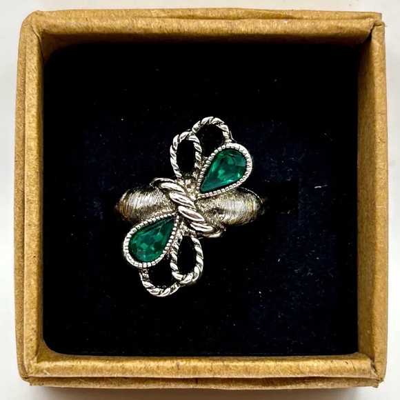Sarah Cov Irish Treasure Green Rhinestone Silver Ring Adjustable Vintage Ring - Picture 4 of 10